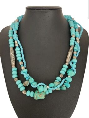 Vintage Triple Strand Turquoise Color Beaded Necklace Silver Tone Boho Statement